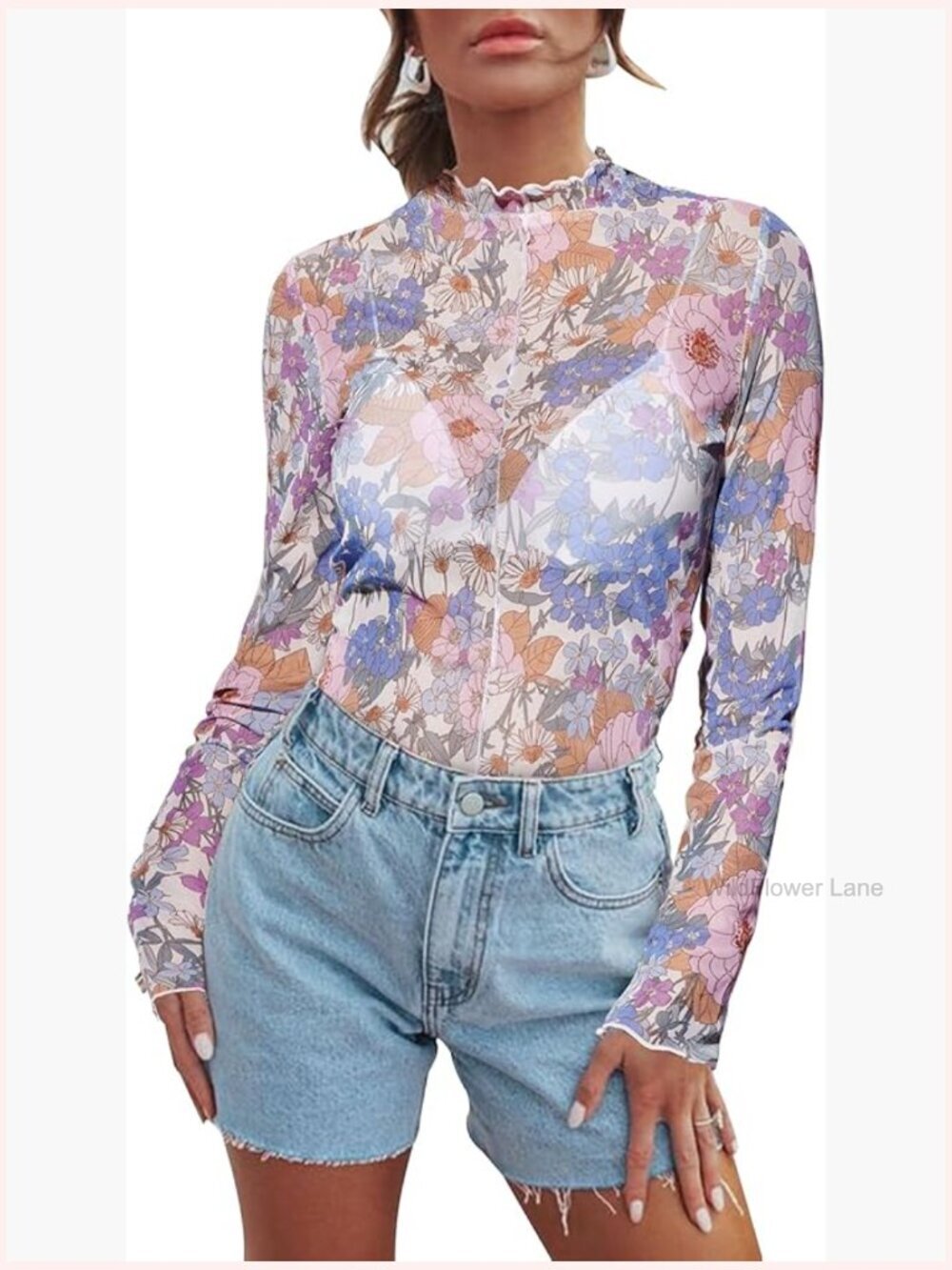 Sheer Floral Long Sleeve Layering Top Mock Neck Ruffled Blouse